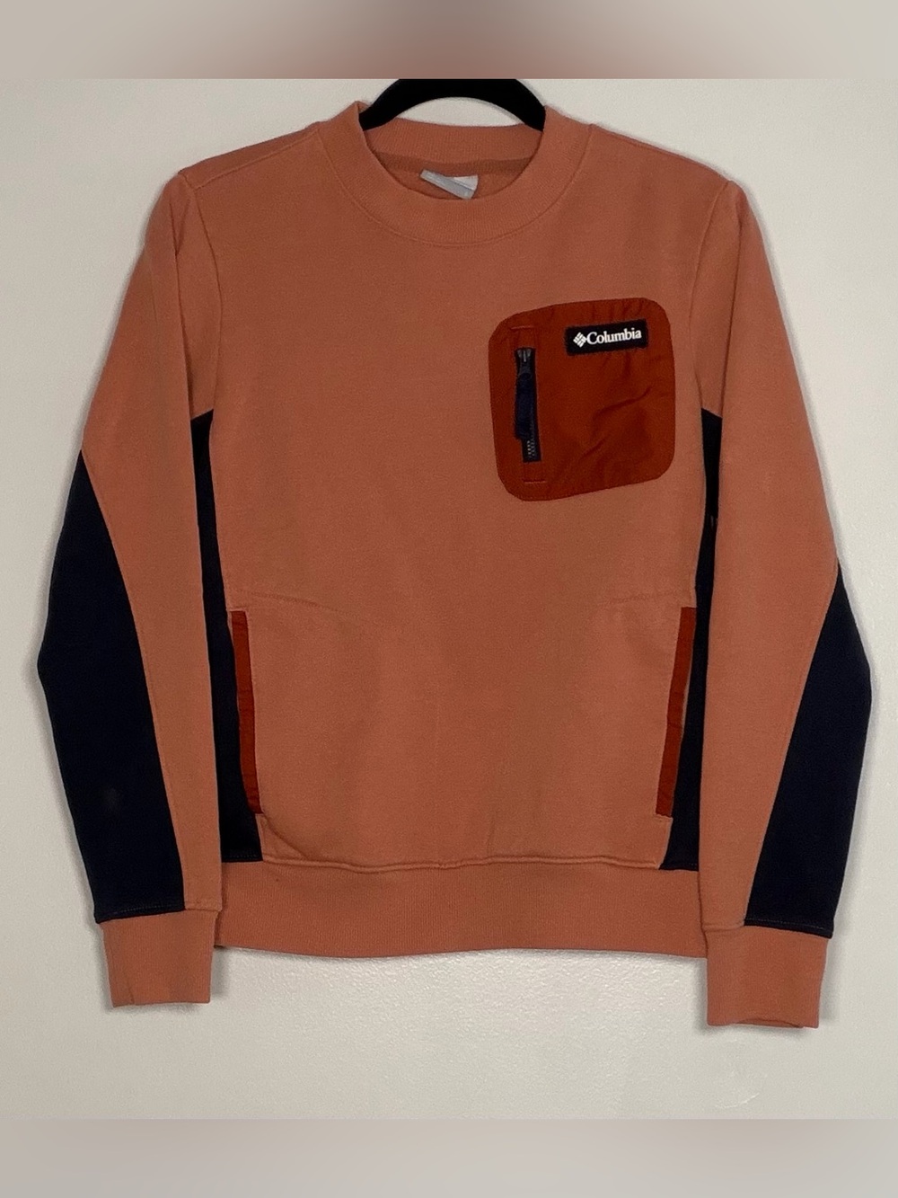 Columbia Rust Orange Crewneck Sweatshirt with Navy Sleeve Panels
